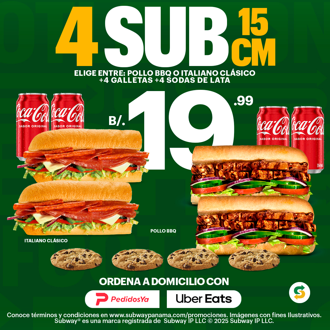 4 SUBS 15CM, 4 GALLETAS Y 4 SODAS DE LATA POR $19.99