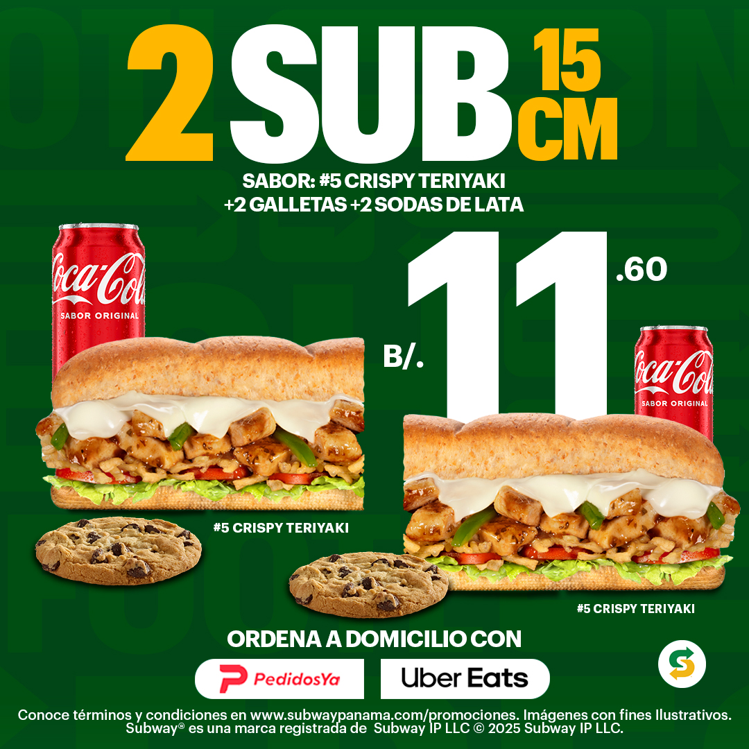 2 SUBS 15CM, 2 GALLETAS Y 2 SODAS DE LATA POR $11.60