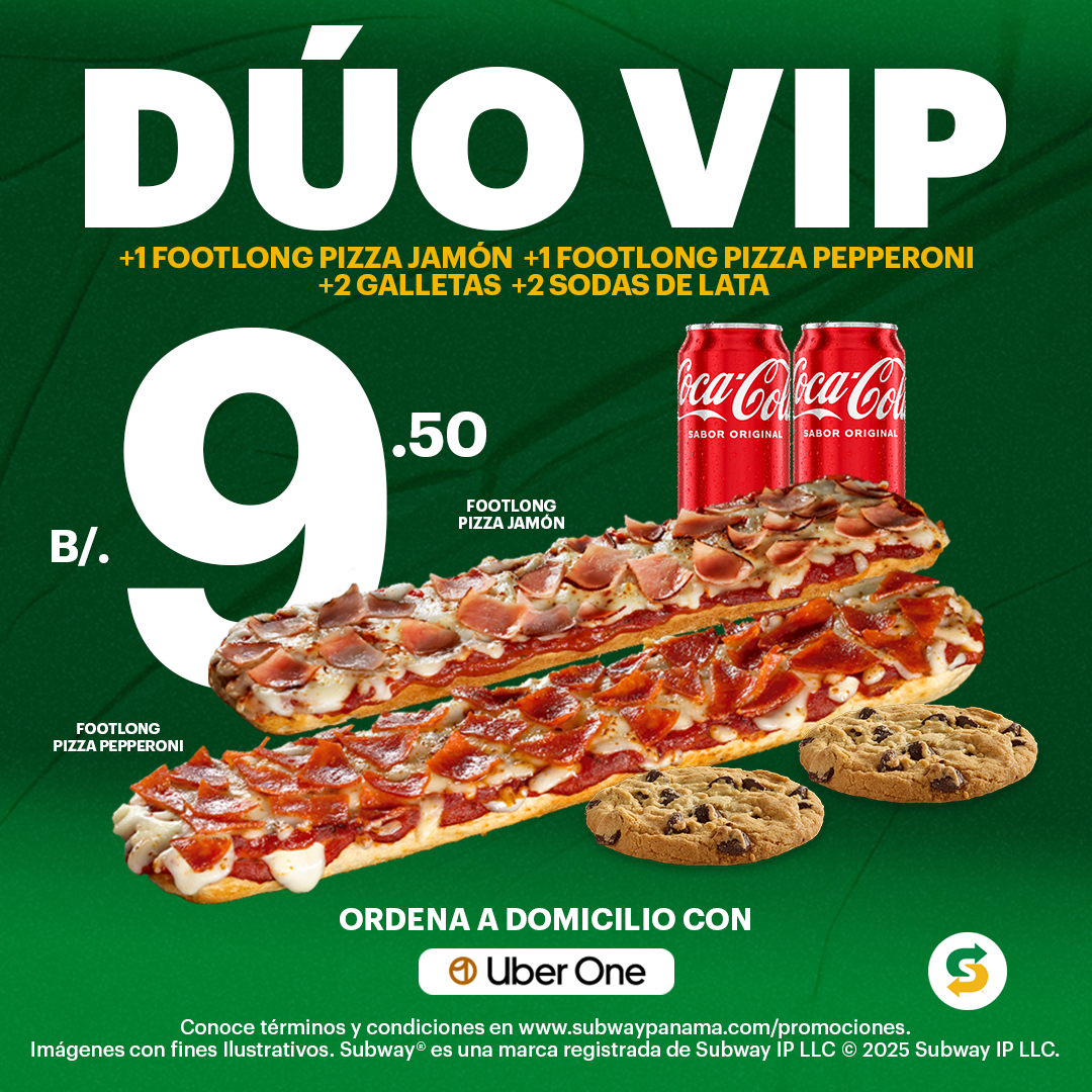 2 FOOTLONG PIZZA, 2 GALLETA Y 2 SODAS DE LATA POR $9.50